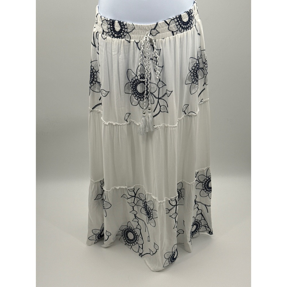 Mermaid Fashion White Floral Embroidered Tiered Maxi Skirt Navy Silver Boho L - Picture 2 of 9